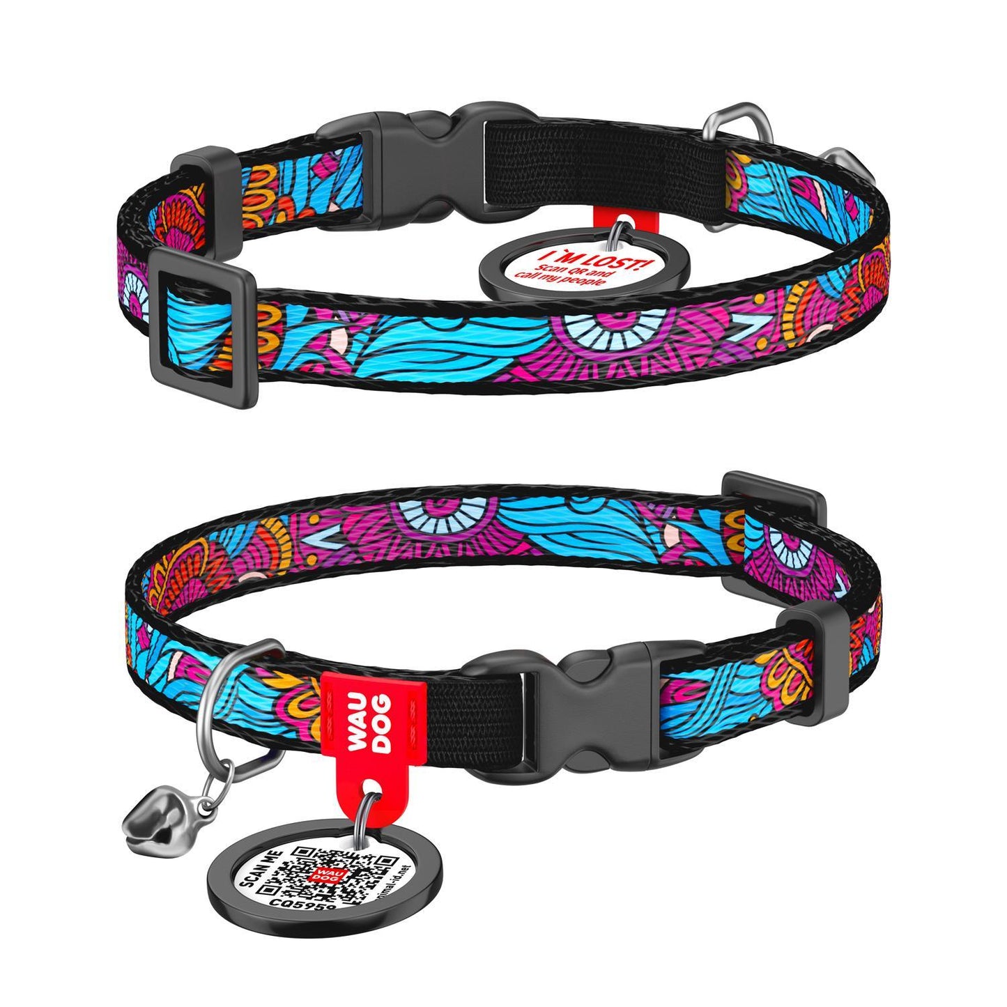 WAUDOG NYLON Collar with QR passport " Summer" Plastic Fastex, Elastic Insert & Bell