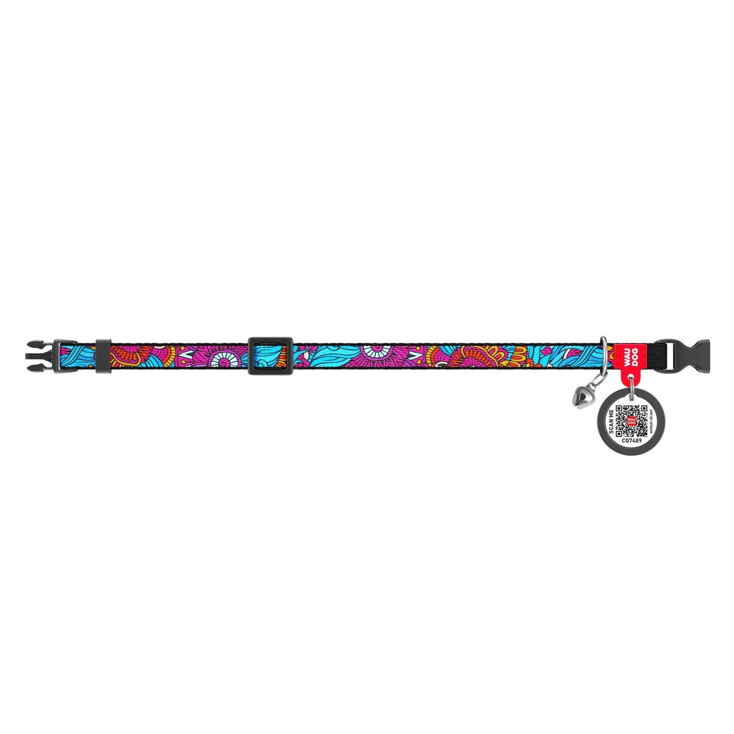 WAUDOG NYLON Collar with QR passport " Summer" Plastic Fastex, Elastic Insert & Bell
